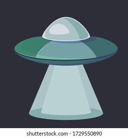 Vector UFO alien in a field night sky illustration. Space ship. World UFO Day. Flying blue saucer.