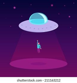 Vector ufo cartoon illustration in flat style - - flying saucer kidnapping a man