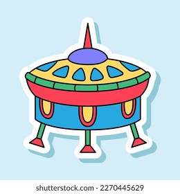 Vector UFO cartoon sticker in retro colors. Isolated colorful spaceship badge with white contour