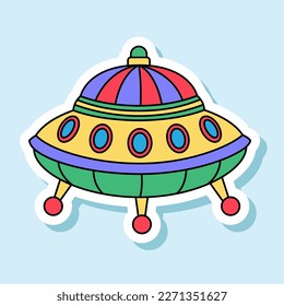 Vector UFO cartoon sticker in retro colors. Isolated colorful spaceship badge with white contour