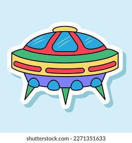 Vector UFO cartoon sticker in retro colors. Isolated colorful spaceship badge