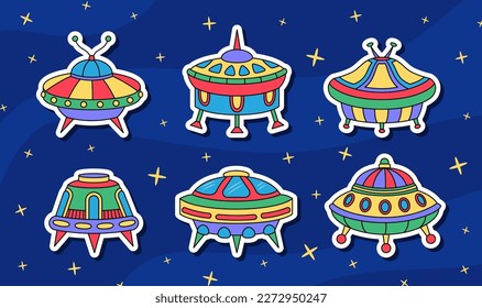 Vector UFO cartoon stickers set in retro colors. Isolated colorful spaceship badge with white contour on blue