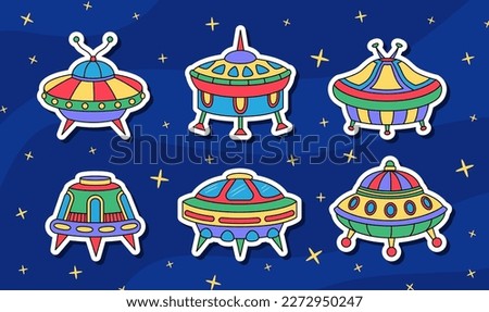 Vector UFO cartoon stickers set in retro colors. Isolated colorful spaceship badge with white contour on blue