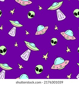 Vector Ufo children's pattern vector. Galaxy illustration in cartoon style. Seamless outer space ufo rocket science kids background pattern