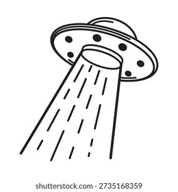 Vector UFO Flying Saucer with Abduction Light Beam Line Art Illustration