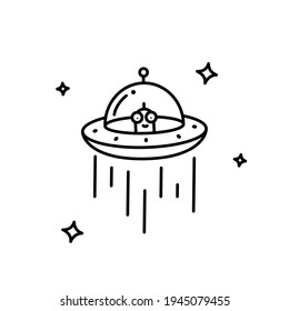 Vector Ufo icon. Flying in cosmos spaceship with funny alien. Editable stroke. Pictogram about exploration, transport and univerce.