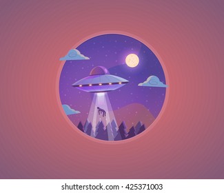 Vector UFO illustration. Flying saucer cartoon concept design.