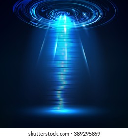 Vector UFO. Light in dark. Blue glowing. Space. Abstract alien background.