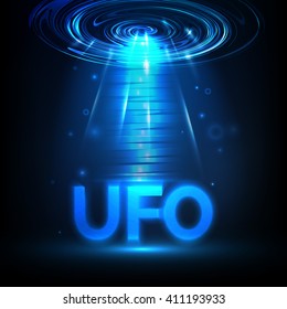 Vector UFO. Light in dark. Blue glowing. Space. Abstract alien background.
