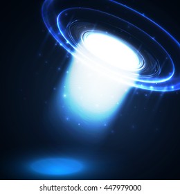 Vector UFO. Light in dark. Blue glowing. Space. Abstract alien background.