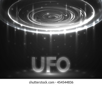 Vector UFO. Light in dark. White glowing. Space. Abstract alien background.