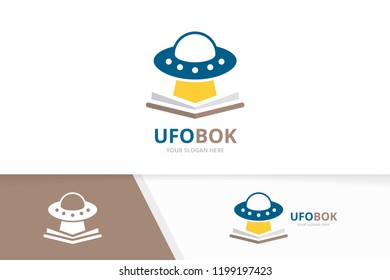 Vector UFO and open book logo combination. Spaceship and bookstore symbol or icon. Unique alien and library logotype design template.