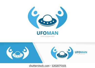 Vector UFO and people logo combination. Spaceship and family symbol or icon. Unique alien logotype design template.