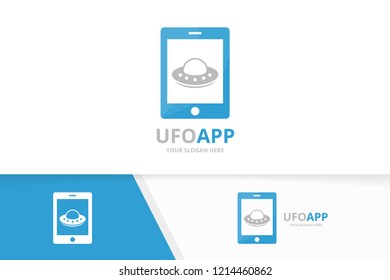 Vector UFO and phone logo combination. Spaceship and mobile symbol or icon. Unique alien and device logotype design template.