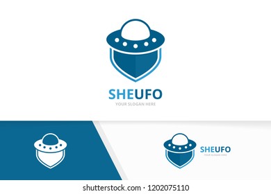 Vector UFO and shield logo combination. Spaceship and security symbol or icon. Unique alien and guard logotype design template.