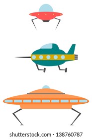 Vector UFO silhouettes set on a white background.