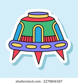 Vector UFO toy cartoon sticker in retro colors. Isolated colorful spaceship badge