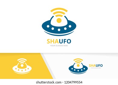 Vector UFO and wifi logo combination. Spaceship and signal symbol or icon. Unique alien and radio logotype design template.