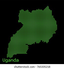 Vector Uganda map dotted silhouette with green dots on a black background (as on old ancient computers running DOS)