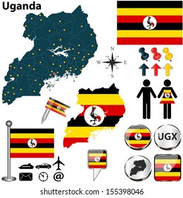 Vector of Uganda set with detailed country shape with region borders, flags and icons