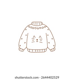 Vector ugly Christmas sweater with cat face. Cute holiday jumper icon for winter party or Xmas season