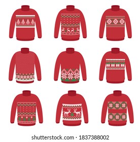 Vector ugly set sweaters for Christmas party. Knitted jumpers with winter patterns esp
