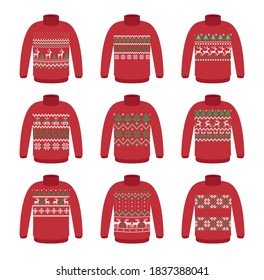 Vector ugly set sweaters for Christmas party. Knitted jumpers with winter patterns esp