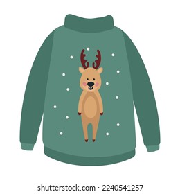 Vector ugly sweater for Christmas. Warm knitted jumpers with polar bear, snowflake  and deer ornament. Isolated