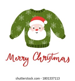 Vector ugly sweater with Santa Claus and snowflake for Christmas.