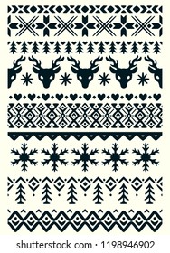 Vector ugly sweater seamless borders with norway ornament. Pattern brushes collection