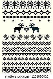 Vector ugly sweater seamless borders with norway ornament. Pattern brushes collection