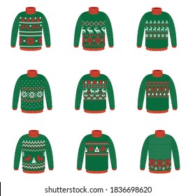 Vector ugly sweaters set for Christmas party. Knitted jumpers with winter patterns