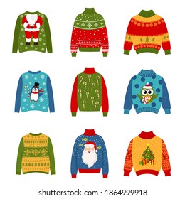 Vector ugly sweaters set for Christmas party. Christmas sweaters set, warm knitted jumper with cute ornaments