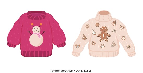 Vector Ugly Sweaters Set For Christmas Party. Xmas Jumpers With Snowman And Gingerbread Man Cookie Ornament. Isolated Illustration.