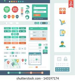 Vector UI elements for web and mobile. Flat design trend. Labels, buttons and icons. Fitted to the pixel grid.
