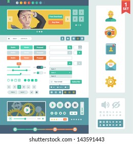 Vector UI elements for web and mobile. Flat design trend. Controls, buttons,icons and media player. Fitted to the pixel grid.