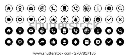 Vector UI icons collection. Outline and solid vector illustration set with home, location pin, mail, phone, globe, user, clock and other interface elements. Universal web and app design signs.