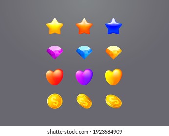 Vector ui icons set. Collection icon design for game, ui, banner, design for app, interface, game development. Star, diamond, heart, coin icon set