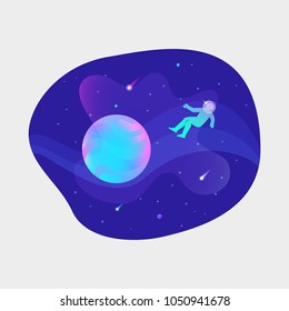 Vector UI illustration of an astronaut floating over planet in an outer space on bright blue background.