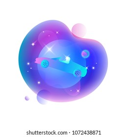 Vector UI illustration of Roadster car floating in an outer space on bright blue spot.