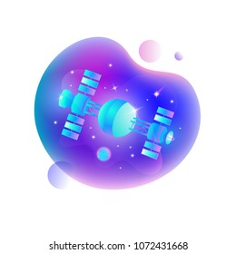 Vector UI illustration of space station floating in an outer space on bright blue spot.
