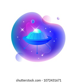 Vector UI illustration of space UFO floating in an outer space on bright blue spot.