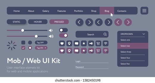 Vector UI kit for mobile applications and web sites. Universal user interface template with responsive design, tools and buttons. Flat menu icons and control elements on color background.
