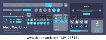 Vector UI kit for mobile applications and web sites. Universal user interface template with responsive design, tools and buttons. Flat menu icons and control elements on color background.