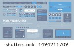 Vector UI UX kit for mobile applications and web sites. Universal user interface template with responsive design, tools and buttons. Flat menu icons and control elements on color blue background.