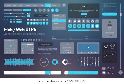 Vector UI UX kit for mobile applications and web sites. Universal user interface template with responsive design, tools and buttons. Flat menu icons and control elements on color background.