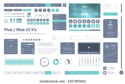 Vector UI UX kit for mobile applications and web sites. Mega set. Universal user interface template with responsive design, tools and buttons. Flat menu icons and control elements on white background.