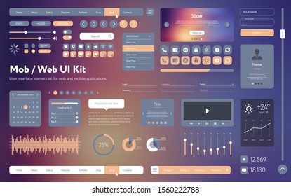 Kit vector UI UX para aplicaciones móviles y sitios web. Plantilla de interfaz de usuario universal con diseño, herramientas y botones sensibles. Iconos planos de menú y elementos de control en fondo colorido.