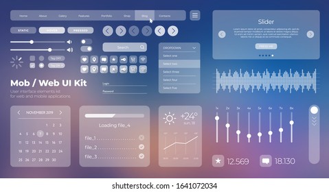 Vector UI UX kit for mobile applications and web sites. Universal user interface template with responsive design, tools and buttons. Flat menu icons and control elements on color blue background.