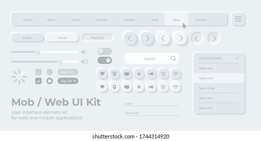 Vector UI UX kit for mobile applications, web and social media. Universal user interface template with responsive design, tools and buttons. Neumorphism icons and control elements on light background.